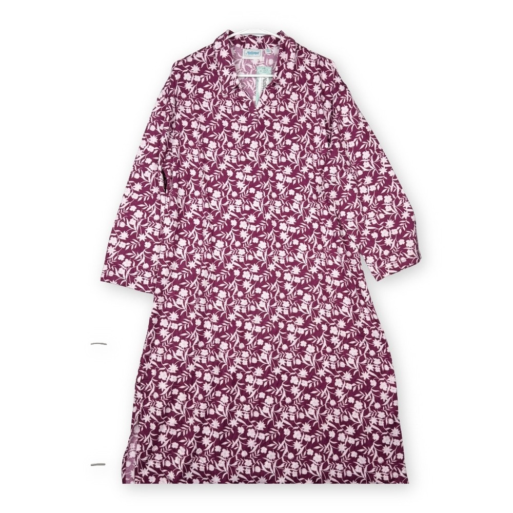 National Women Burgundy White Floral Knit Lounger Dress PL Petite Large 24422
